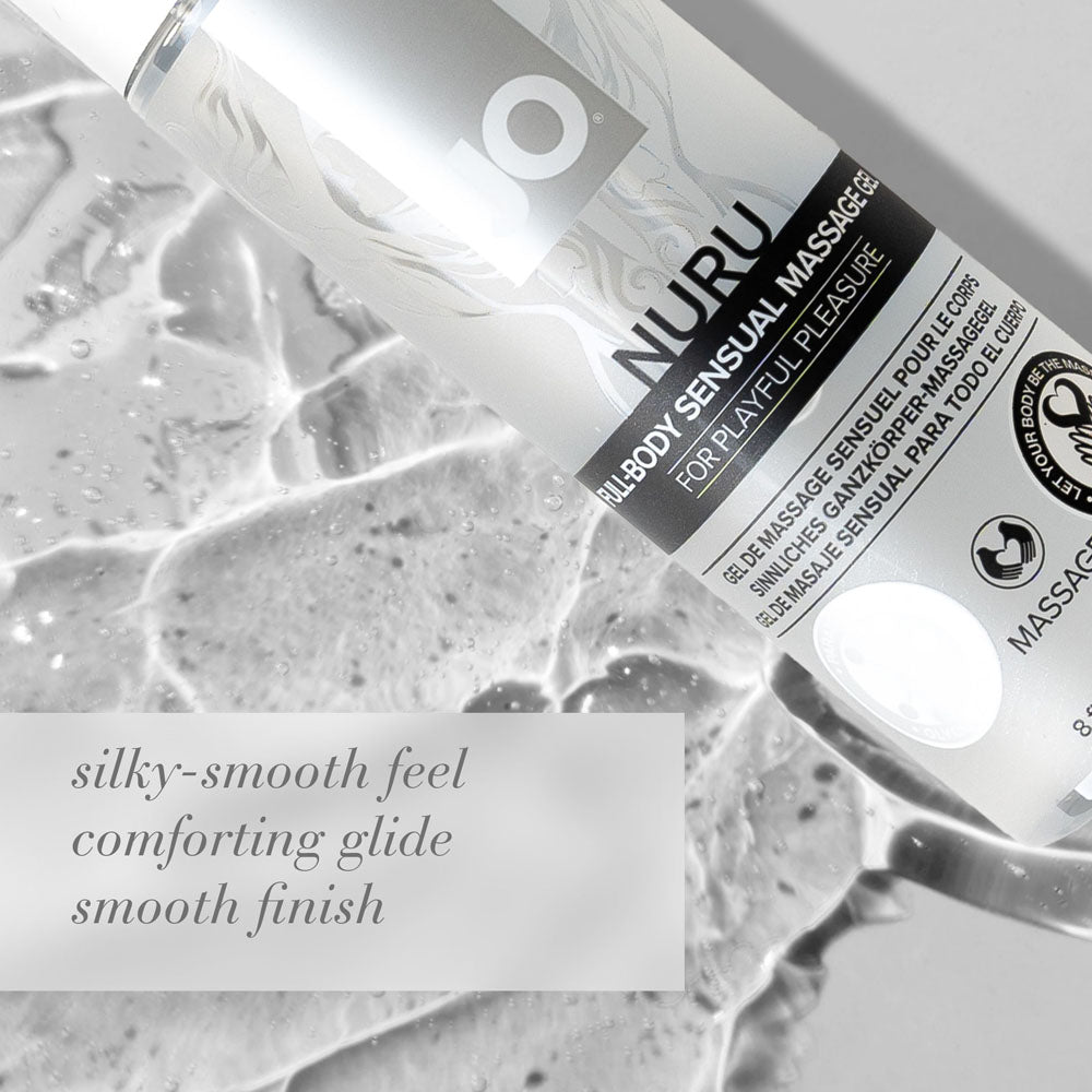 JO Nuru Massage Gel bottle on a silky surface, showcasing its nuru massage gel formula for intimate experiences.