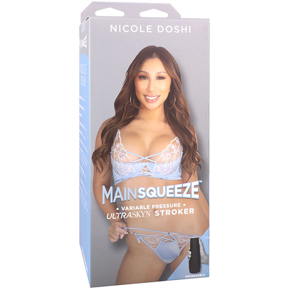 Main Squeeze - Nicole Doshi -  Vagina Stroker packaging showcasing variable pressure ULTRASKYN design and detailed branding.