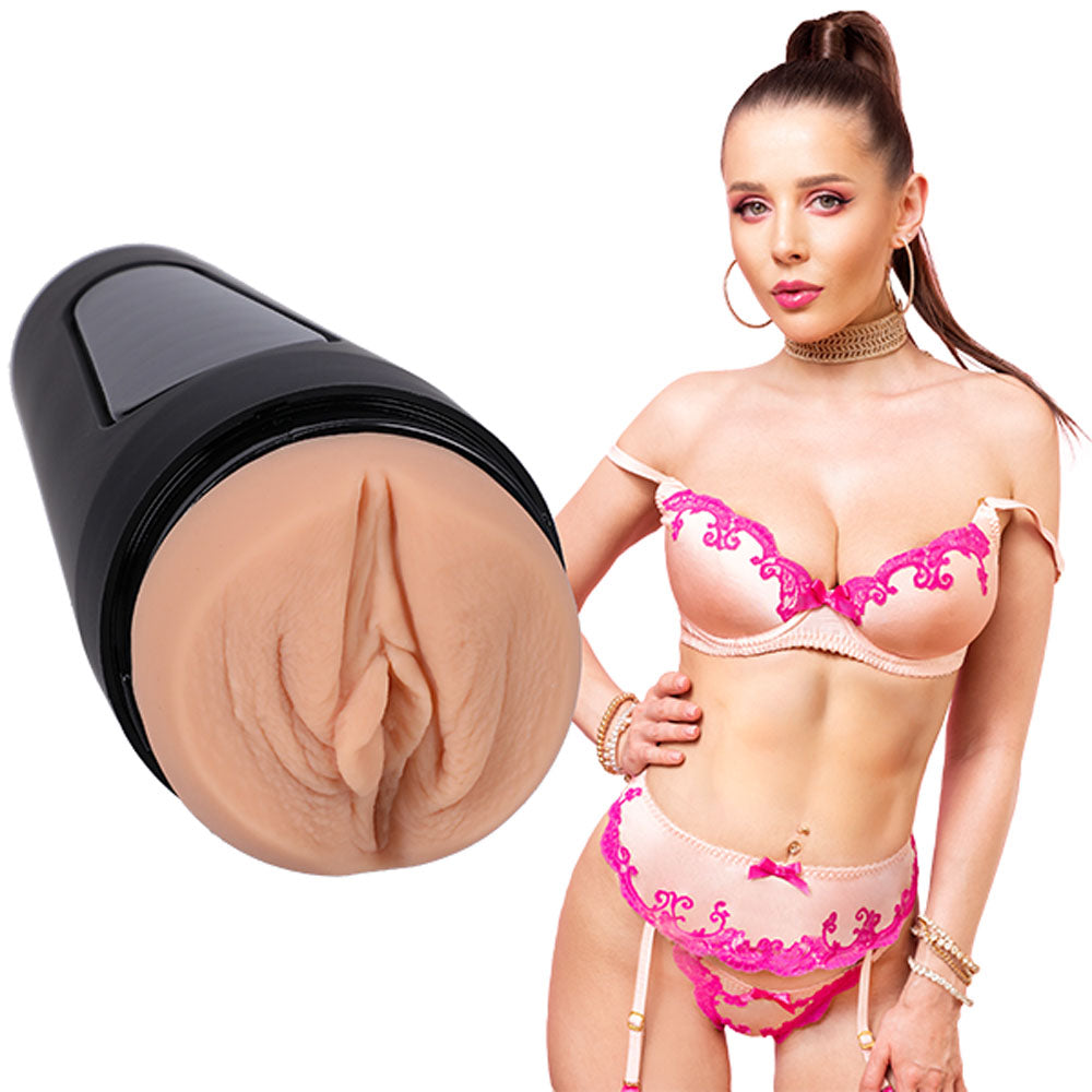 Main Squeeze - Sybil -  Vagina Stroker next to a model in sexy lingerie showcasing intimate essentials for her.