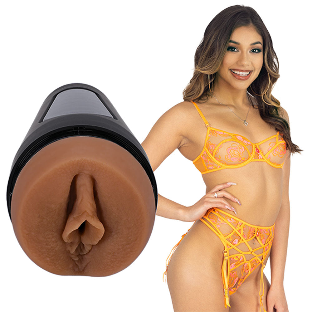Main Squeeze - Xxlayna Marie - Tan Vagina Stroker with lifelike detail and sexy model in lingerie
