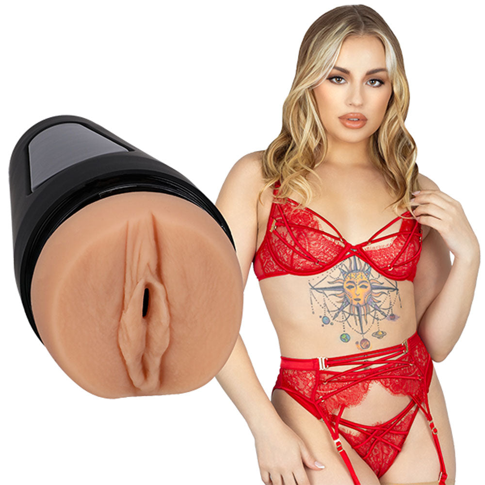 Main Squeeze - Anna Claire Clouds -  Vagina Stroker in black hard case with model in red lingerie.