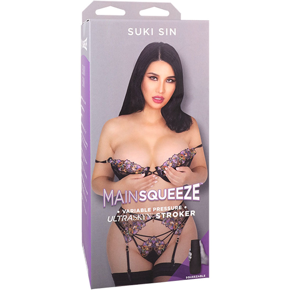 Main Squeeze - Suki Sin - Vagina Stroker packaging featuring Suki Sin in lingerie, promoting intimate essentials for her.