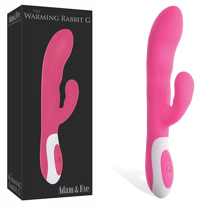 Adam & Eve The Warming Rabbit G - 21.6 cm (8.5'') USB Rechargeable Warming Rabbit Vibrator displayed with packaging.