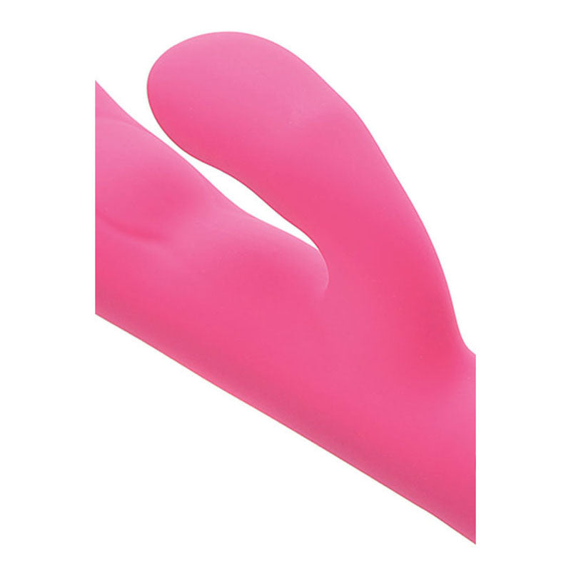 Close-up of the Adam & Eve The Warming Rabbit G - 21.6 cm (8.5'') USB Rechargeable Warming Rabbit Vibrator in pink silicone.