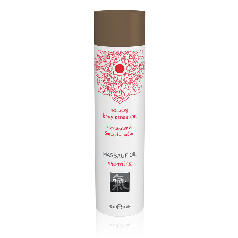 SHIATSU Massage Oil - Warming - Coriander & Sandalwood Oil Scented - 100 ml in a sleek bottle for silky skin.