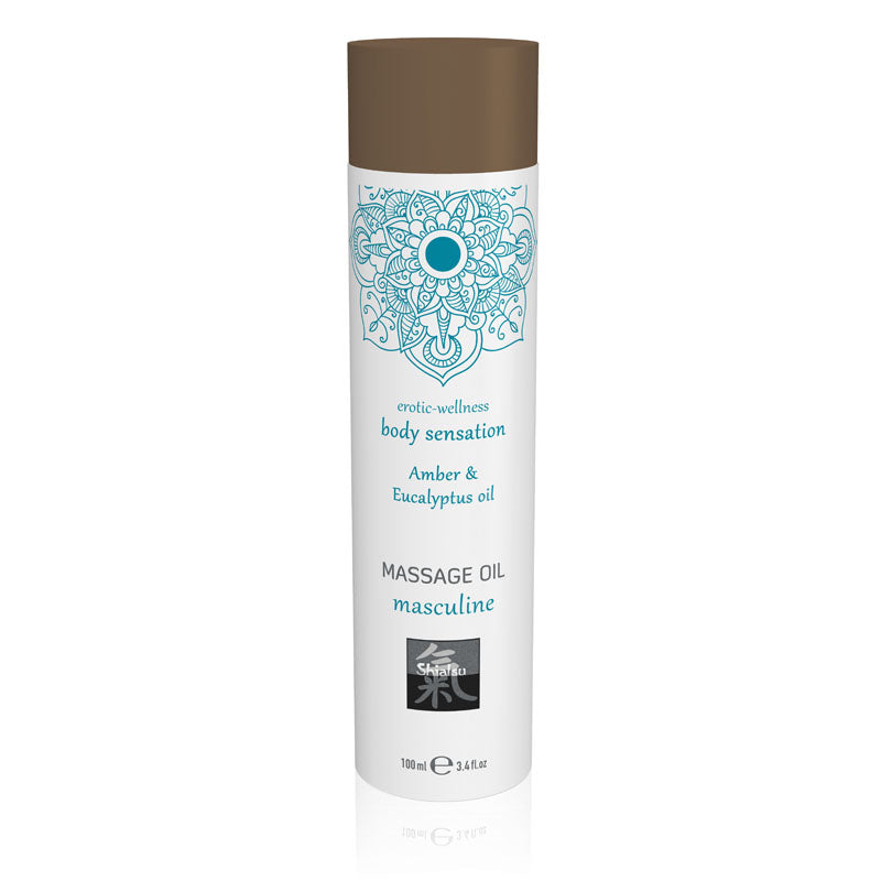 SHIATSU Massage Oil - Masculine - Amber & Eucalyptus Oil Scented - 100 ml in packaging with decorative design.