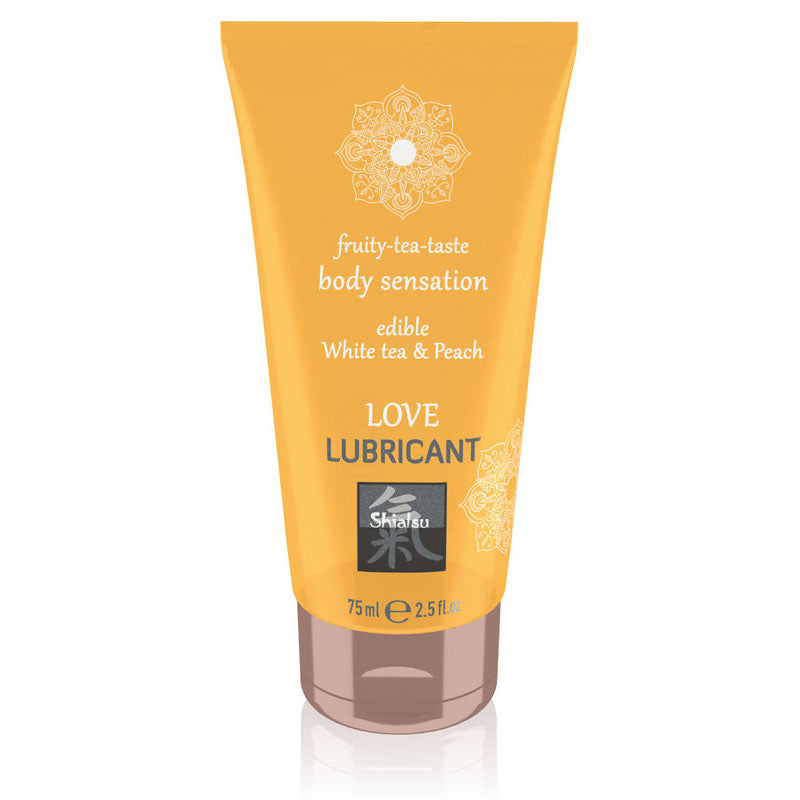 SHIATSU Love Lubricant - White Tea & Peach Flavoured - 75 ml in a tube, perfect for intimate moments and oral enjoyment.