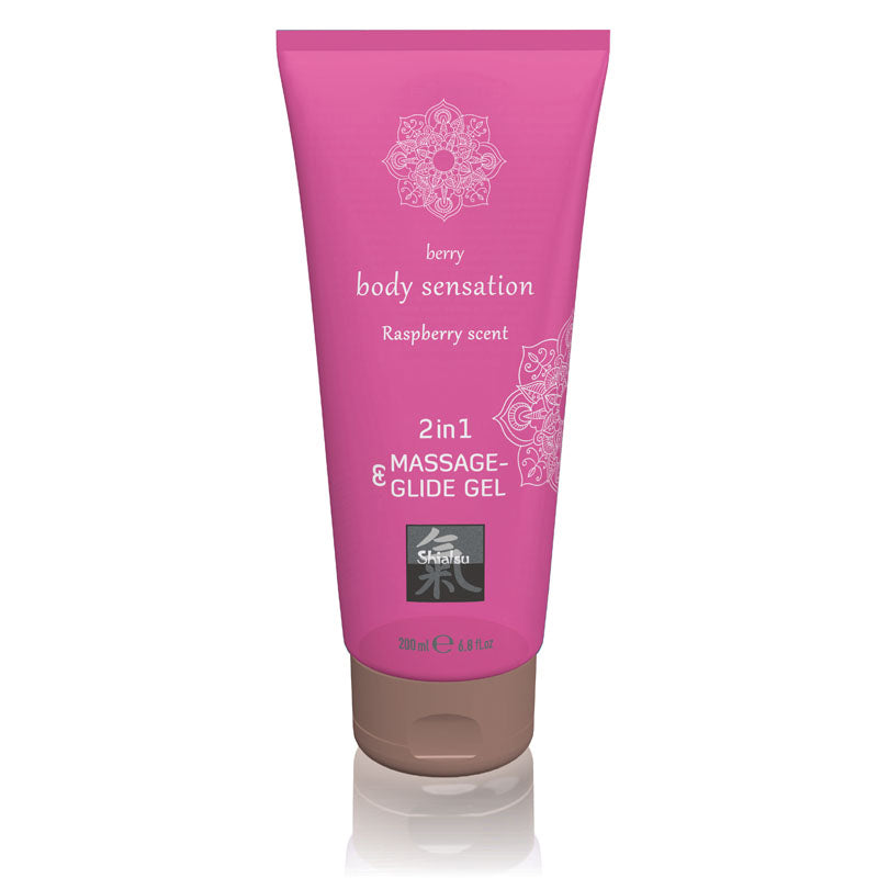 SHIATSU 2in1 Massage & Glide Gel - Raspberry Scented - 200 ml in a pink tube for smooth massage experiences.