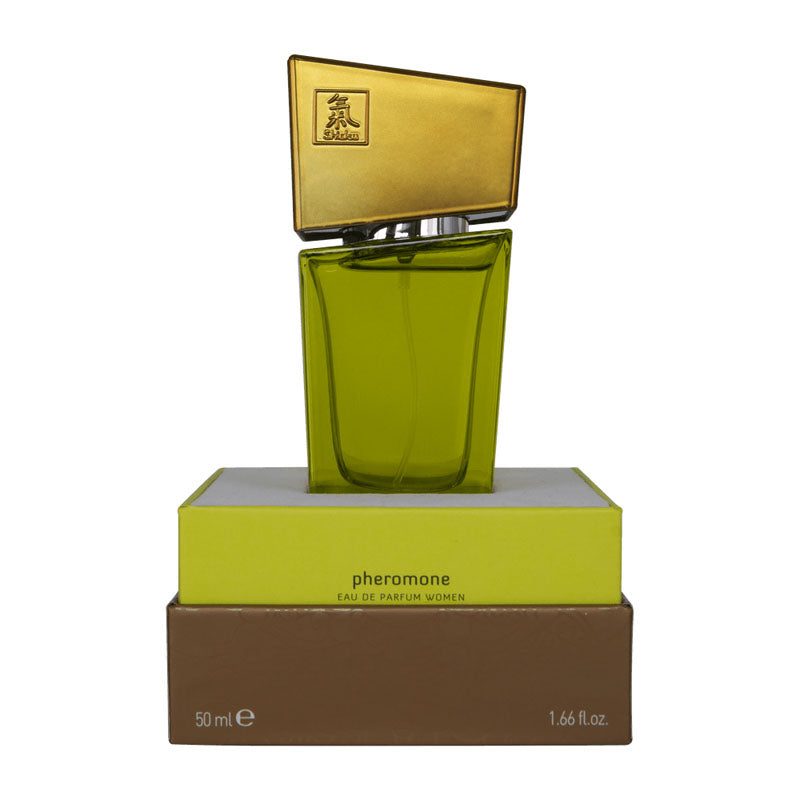 Shiatsu Pheromone Eau De Parfum Women - Lime - Pheromone Fragrance for Women - 50 ml in a green bottle with gold cap.
