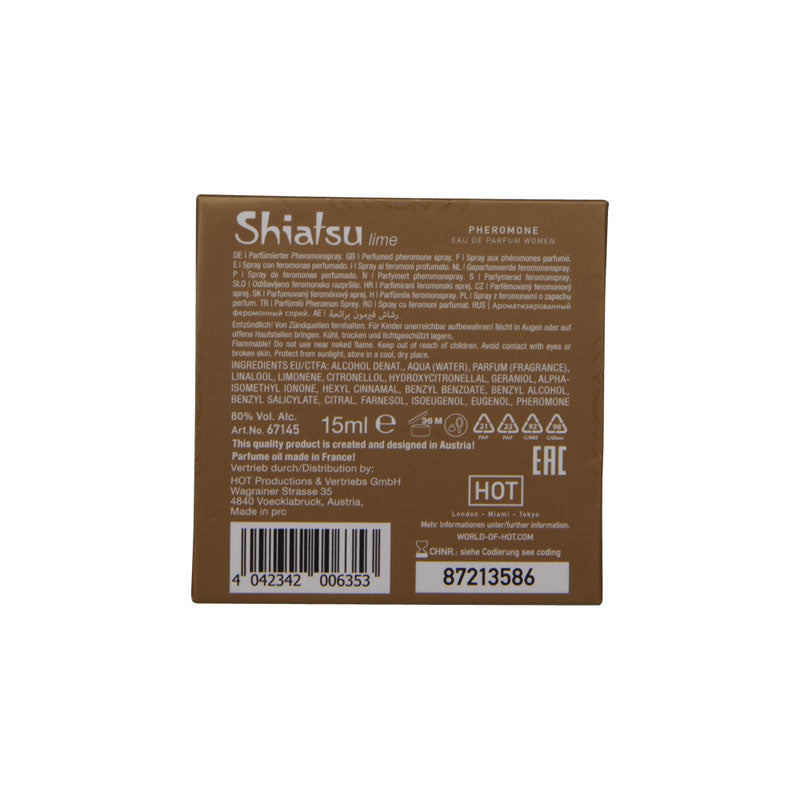 Shiatsu Pheromone Eau De Parfum Women - Lime - Pheromone Fragrance for Women - 15 ml packaging with ingredients and barcode.