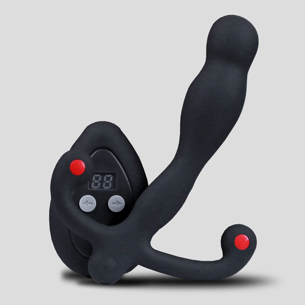 Aneros Eupho Syn V -  USB Rechargeable Vibrating Prostate Massager with Remote on a gray background.