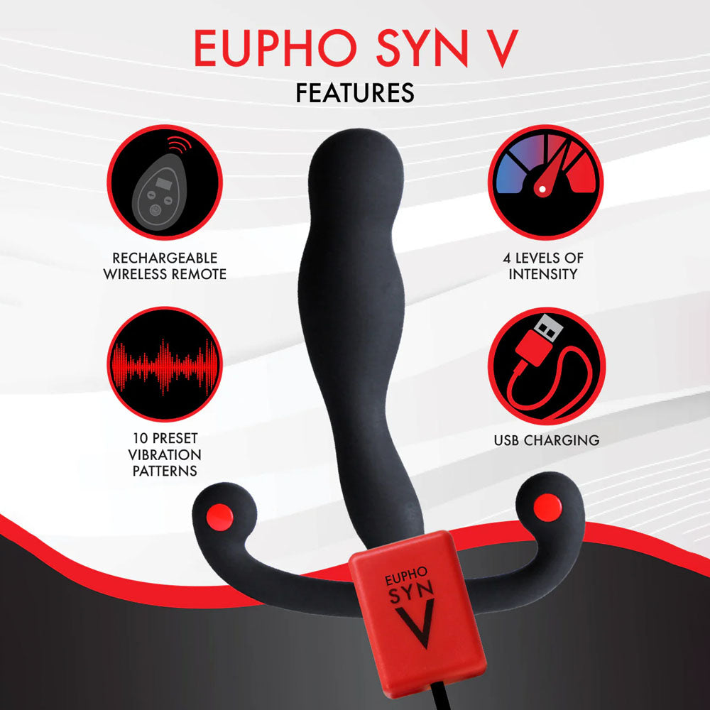Aneros Eupho Syn V -  USB Rechargeable Vibrating Prostate Massager with Remote features 10 vibration patterns, remote, and USB charging.
