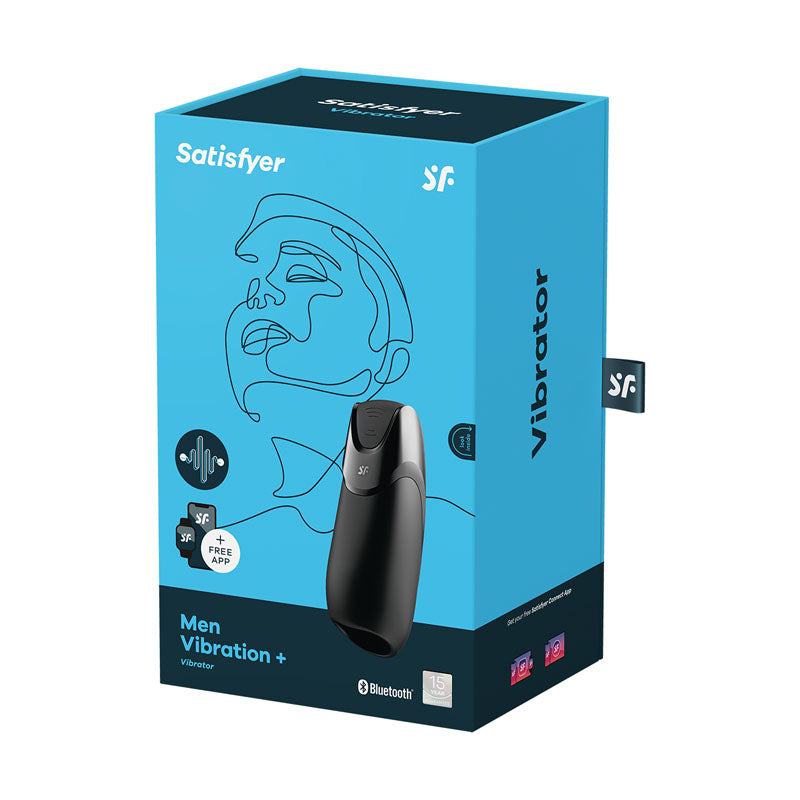 Satisfyer Men Vibration+ - USB Rechargeable Masturbator with App Control packaging design with Bluetooth features.