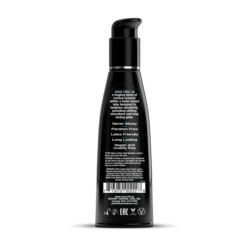 Wicked Aqua Chill - Cooling Water Based Lubricant - 120 ml (4 oz) Bottle back label showing product details and features.