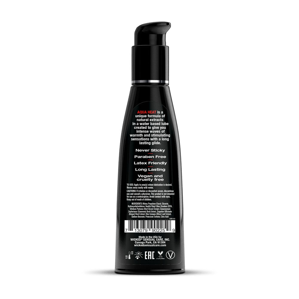 Wicked Aqua Heat - Warming Water Based Lubricant - 120 ml (4 oz) Bottle back label detailing ingredients and benefits.