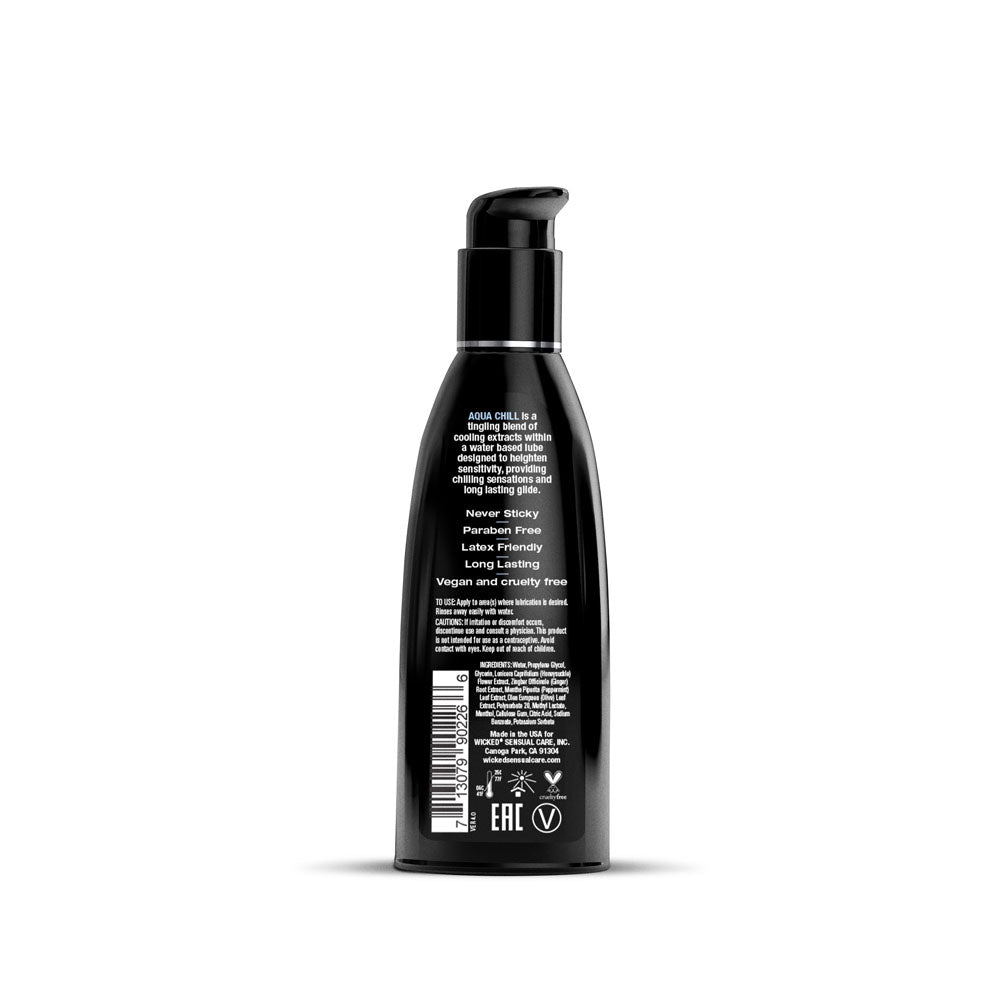 Wicked Aqua Chill - Cooling Water Based Lubricant - 60 ml (2 oz) Bottle back view with product details and labels.