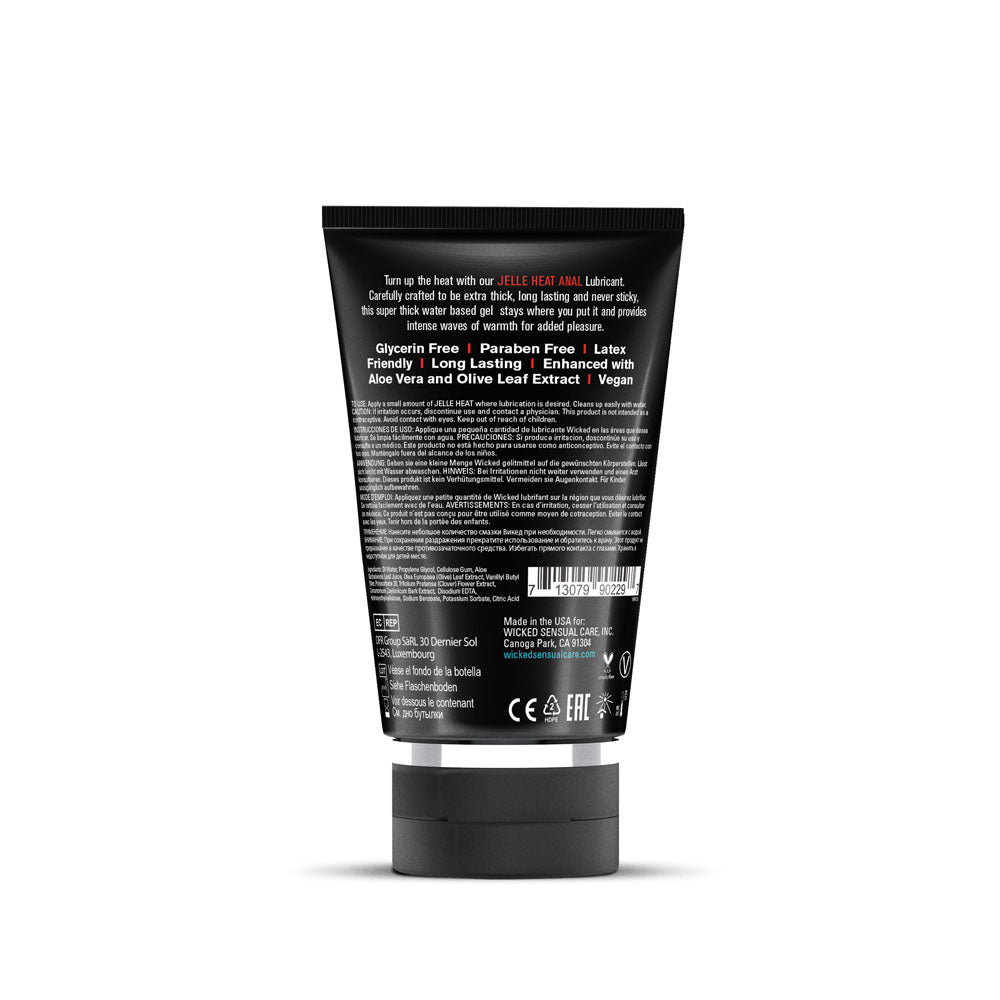 Wicked Jelle Heat - Warming Water Based Anal Lubricant - 120 ml (4 oz) Bottle back label showing ingredients and benefits.