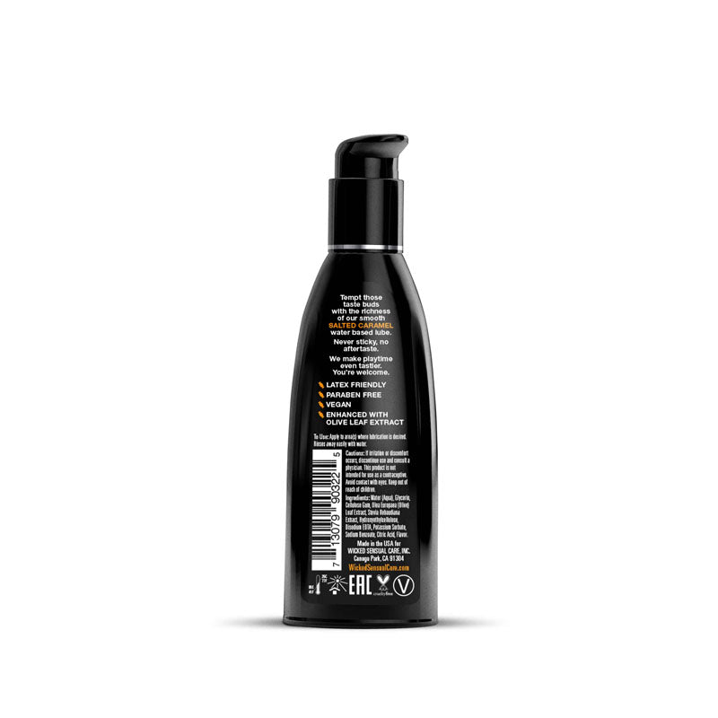 Back label of Wicked Aqua Salted Caramel - Salted Caramel Flavoured Water Based Lubricant - 60 ml (2 oz) Bottle.