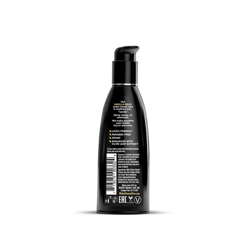 Wicked Aqua Vanilla Bean - Vanilla Bean Flavoured Water Based Lubricant - 60 ml (2 oz) Bottle back view showcasing ingredients and features.