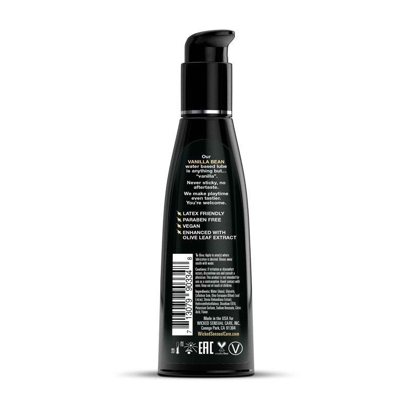 Wicked Aqua Vanilla Bean - Vanilla Bean Flavoured Water Based Lubricant - 120 ml (4 oz) Bottle backside view showing label details.
