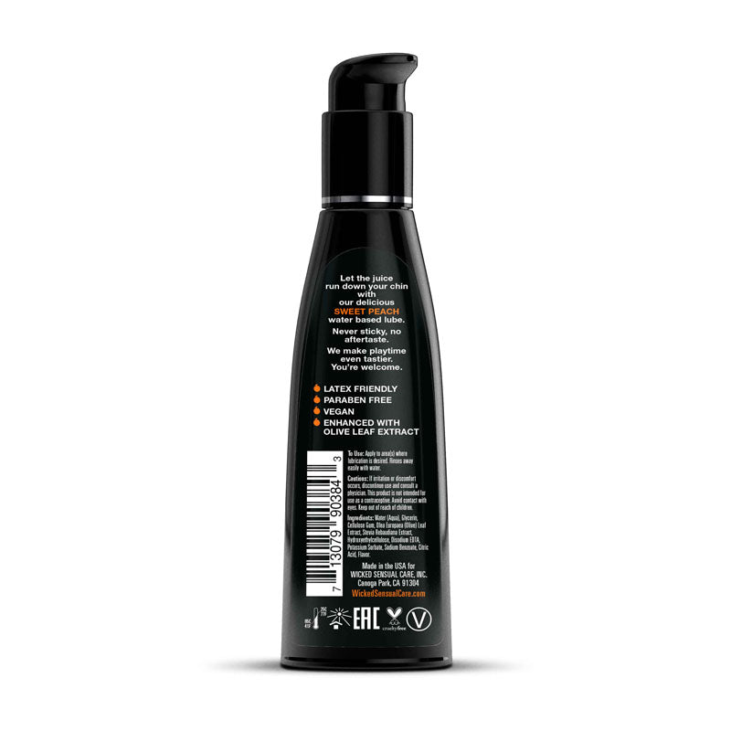 Wicked Aqua Sweet Peach - Sweet Peach Flavoured Water Based Lubricant 120 ml bottle with ingredients and usage information.
