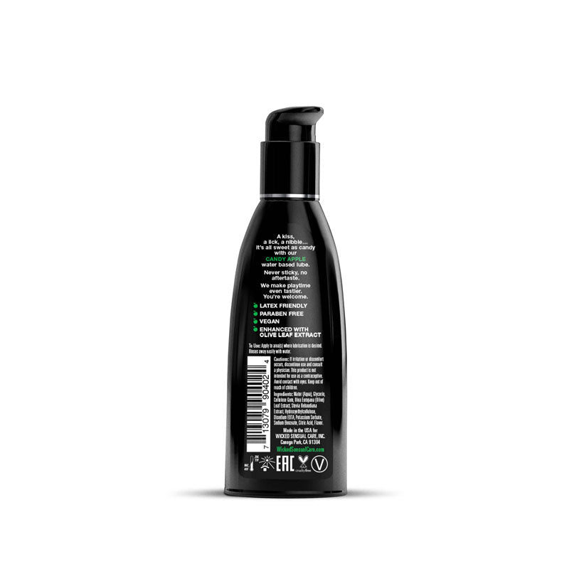 Wicked Aqua Candy Apple - Candy Apple Flavoured Water Based Lubricant - 60 ml (2 oz) Bottle, back label information.