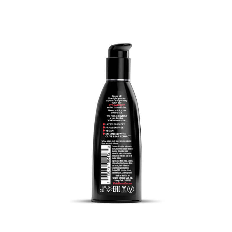 Wicked Aqua Strawberry - Strawberry Flavoured Water Based Lubricant - 60 ml bottle, featuring latex friendly, paraben free formula.