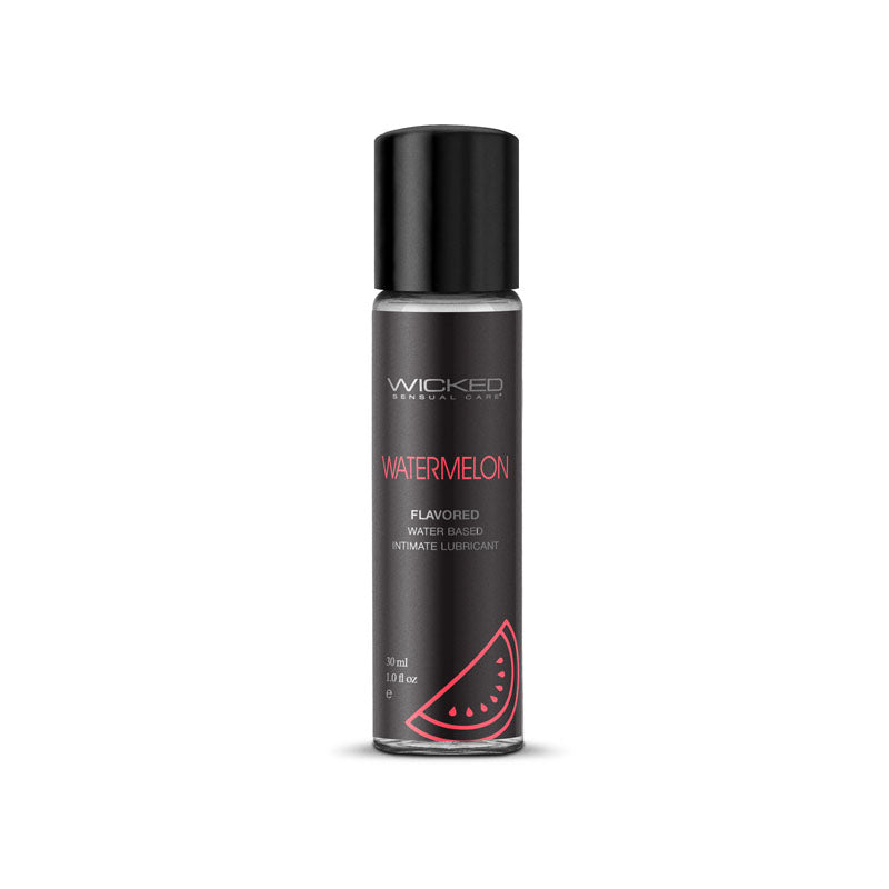 Wicked Aqua Watermelon flavored lubricant 30 ml bottle, water-based and kissable for intimate pleasures.