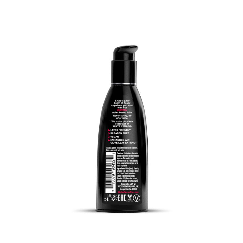Wicked Aqua Cherry - Cherry Flavoured Water Based Lubricant - 60 ml (2 oz) Bottle back label with ingredients and instructions.