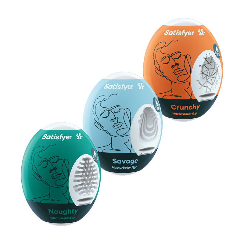 Satisfyer Masturbator Eggs - Mixed 3 Pack #2 - Set of 3 Stroker Sleeves, featuring Naughty, Savage, and Crunchy designs.