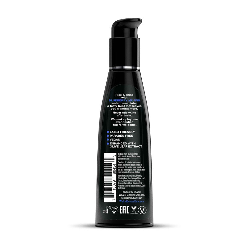 Wicked Aqua Blueberry Muffin - Blueberry Muffin Flavoured Water Based Lubricant - 120 ml (4 oz) Bottle back label details.