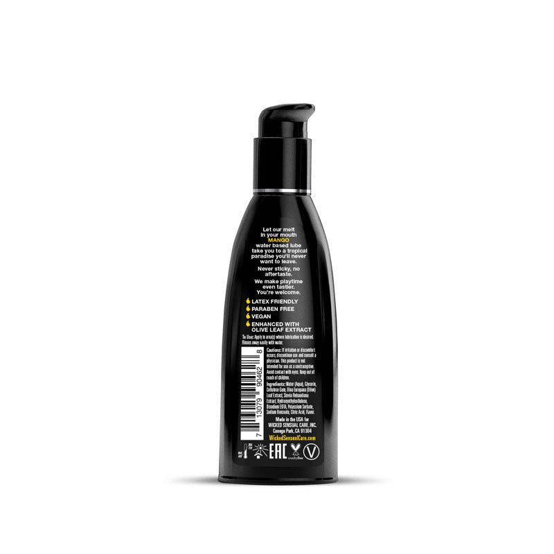Wicked Aqua Mango - Mango Flavoured Water Based Lubricant - 60 ml (2 oz) Bottle back label with ingredients.