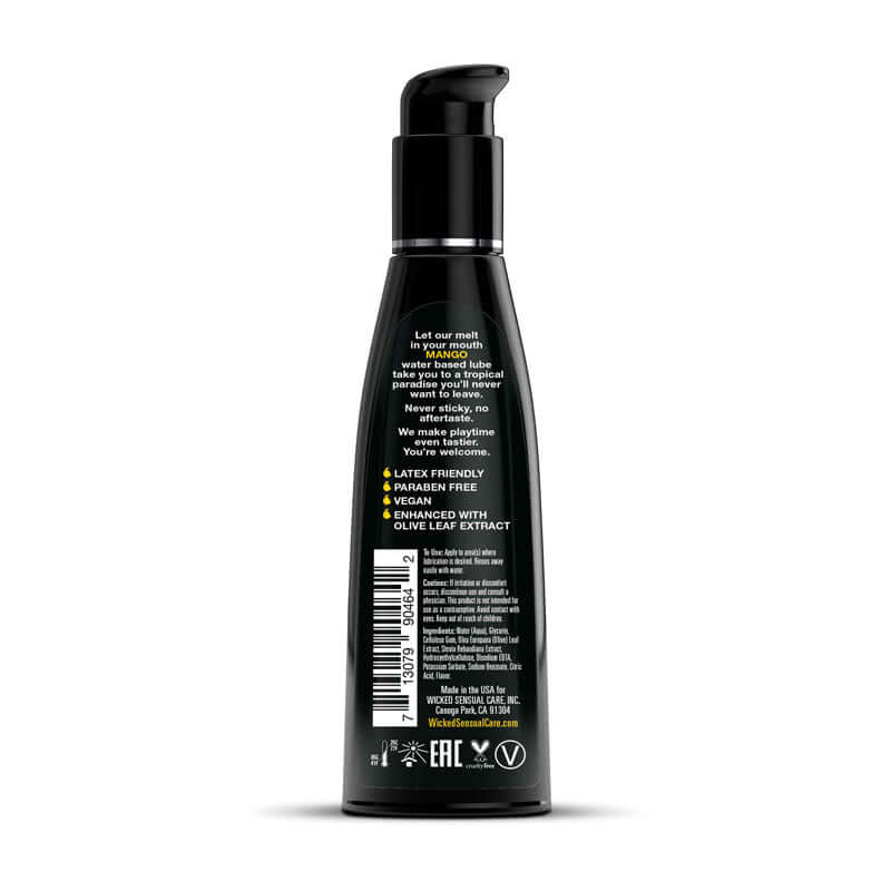 Wicked Aqua Mango Mango Flavoured Water Based Lubricant bottle back with details and instructions.