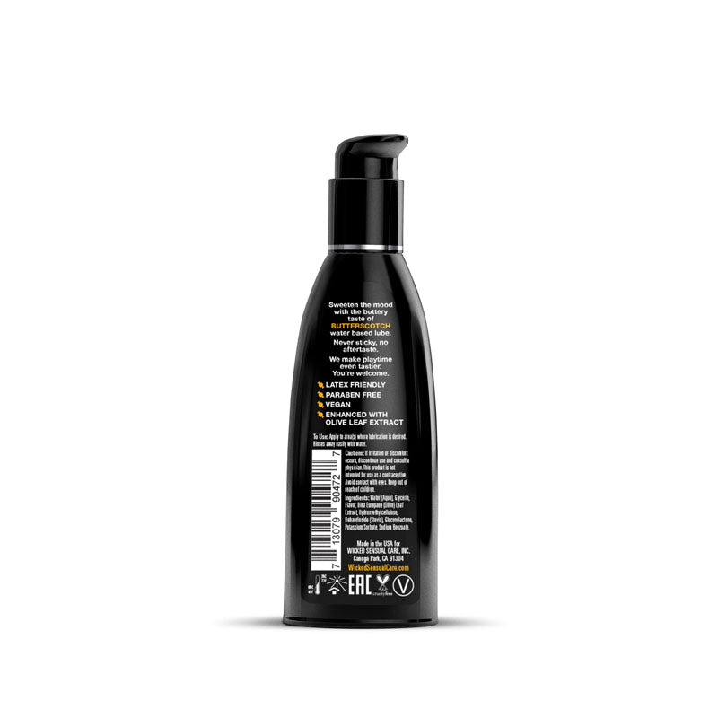 Wicked Aqua Butterscotch - Butterscotch Flavoured Water Based Lubricant - 60 ml (2 oz) Bottle back label with ingredients.