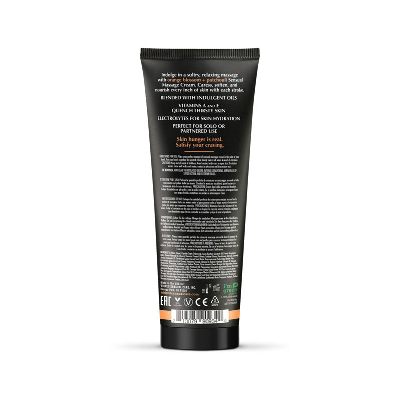 Back of Wicked ORANGE BLOSSOM + PATCHOULI Sensual Massage Cream tube highlighting ingredients and benefits.