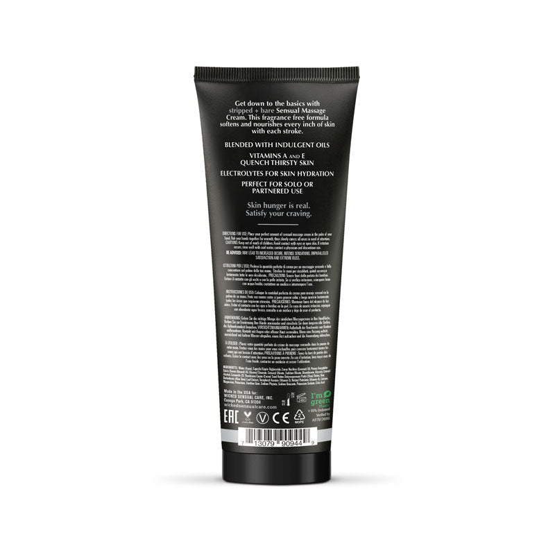 Wicked STRIPPED + BARE Sensual Massage Cream - Unscented Massage Cream - 120 ml Tube back view with usage instructions.