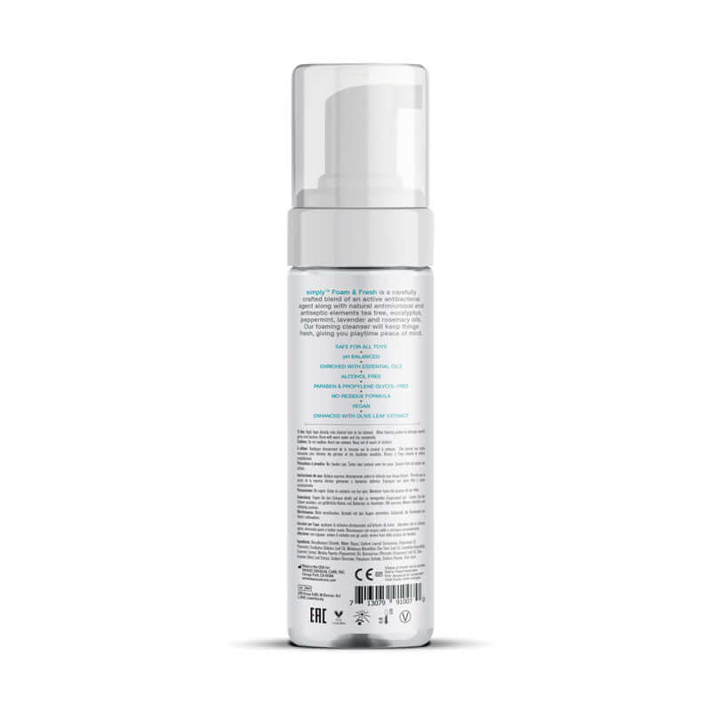 Wicked Simply Foam 'n Fresh antibacterial toy cleaner 207 ml bottle back view, showcasing ingredients and benefits.