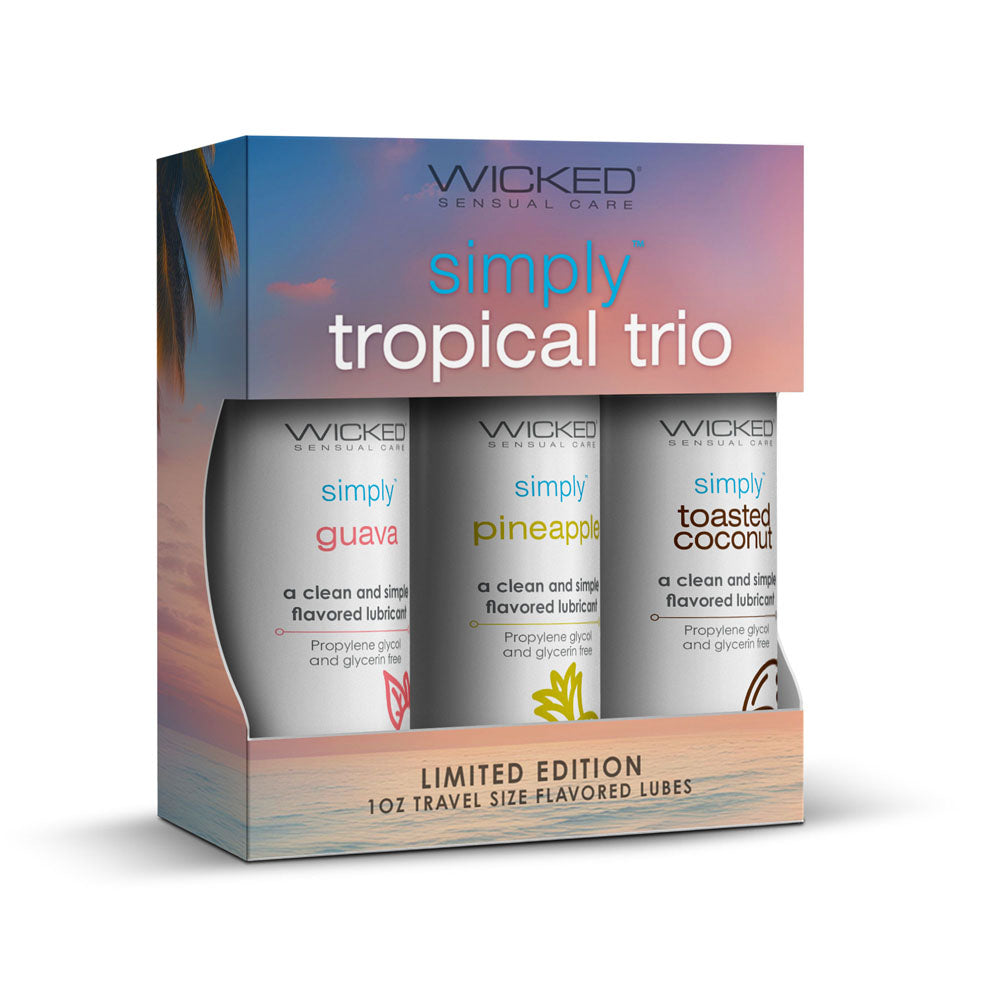 Wicked Simply Tropical Trio set of 3 x 30 ml bottles flavored water based lubricants set in travel packaging.