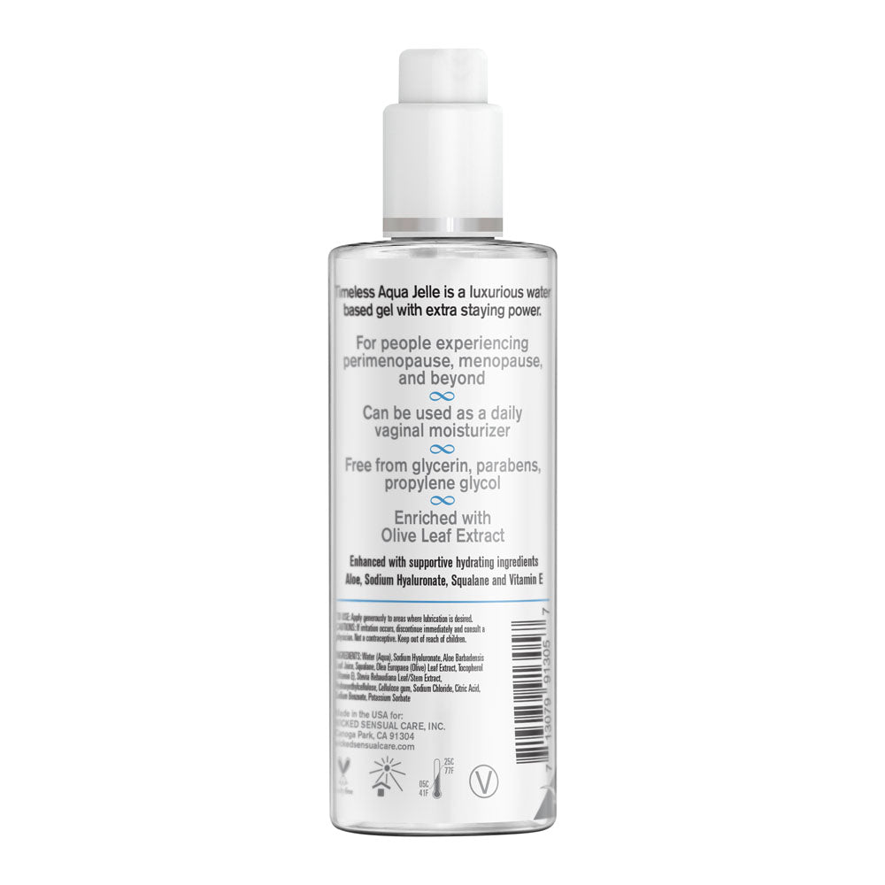 Wicked Simply Timeless Aqua Jelle - Water Based Anal Lubricant - 120 ml (4 oz) Bottle, featuring supportive ingredients like Olive Leaf extract.