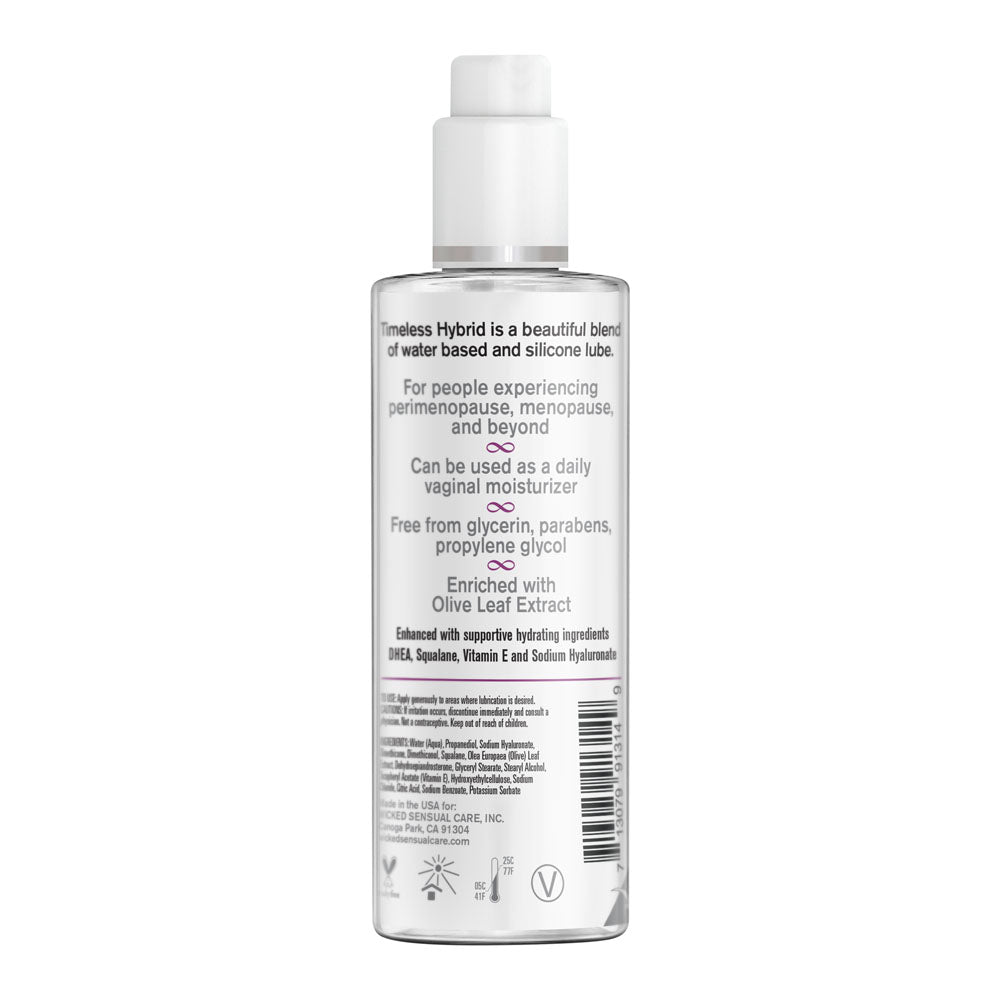 Wicked Simply Timeless Hybrid - Hybrid Lubricant - 120 ml (4 oz) Bottle back label, details on formulation and usage.