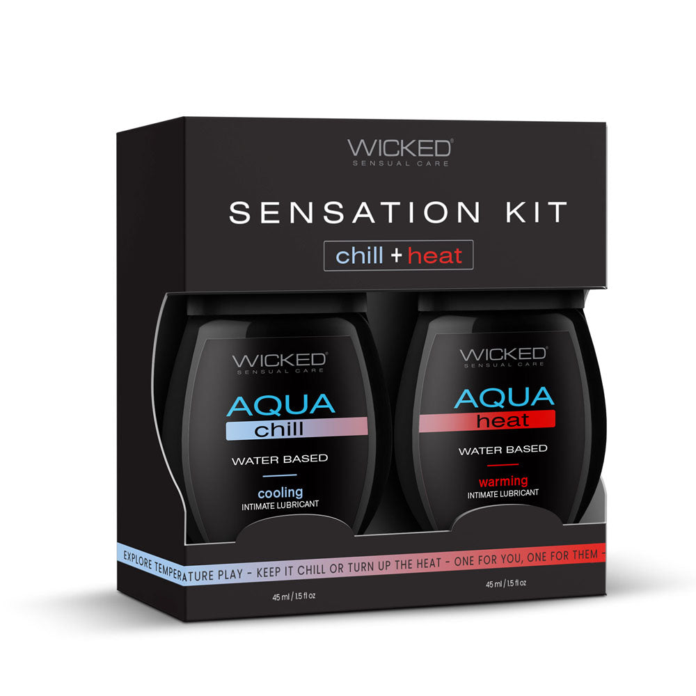 Wicked Sensation Kit - Warming & Cooling Water Based Lubricants - 2 Pack of 45 ml Bottles, featuring Aqua Chill and Aqua Heat.