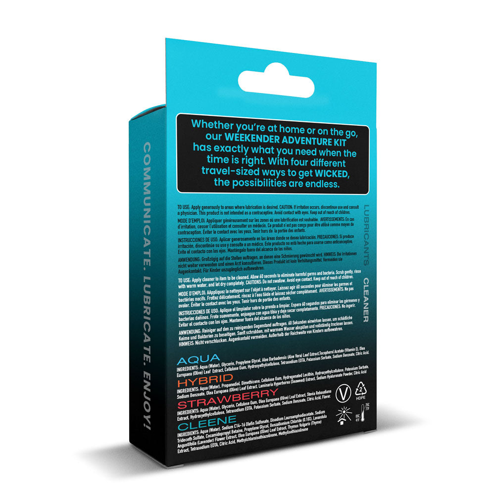 Wicked WEEKENDER ADVENTURE KIT - Mixed Lubricants & Cleaner 30 ml Bottles - 4 Pack, featuring Aqua, Hybrid, Strawberry lube, and Cleene cleaner.