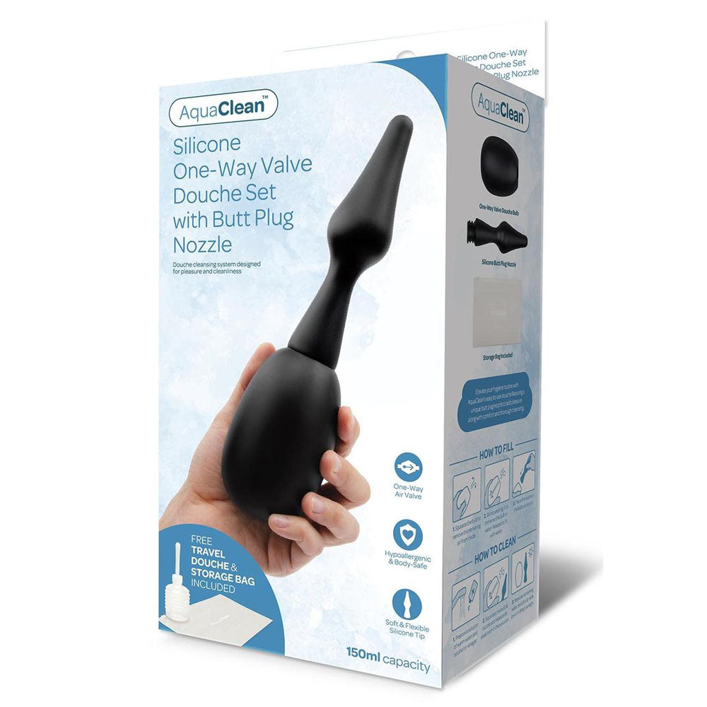 AquaClean Silicone 1-Way Valve Douche Set with Butt Plug Nozzle - 150 ml Capacity with Free Travel Douche Included packaging.