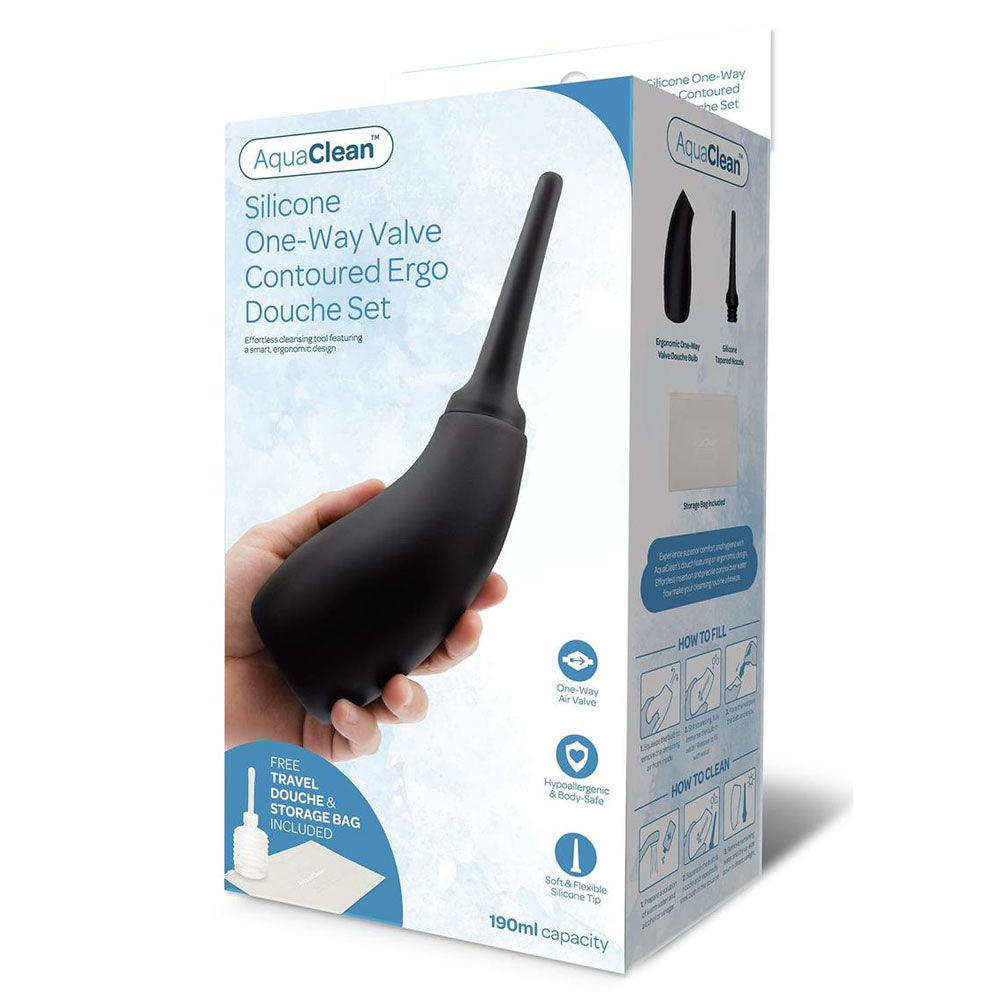 AquaClean Silicone 1-Way Valve Contoured Ergo Douche Set - 190 ml Capacity with Free Travel Douche Included.