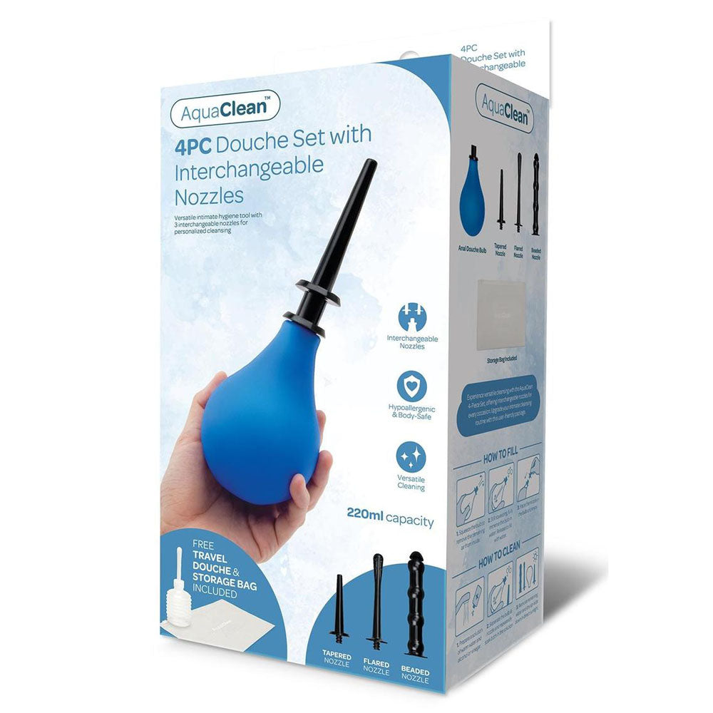 AquaClean 4 Piece Douche Set with Interchangeable Nozzles - 220 ml Capacity with Free Travel Douche Included.