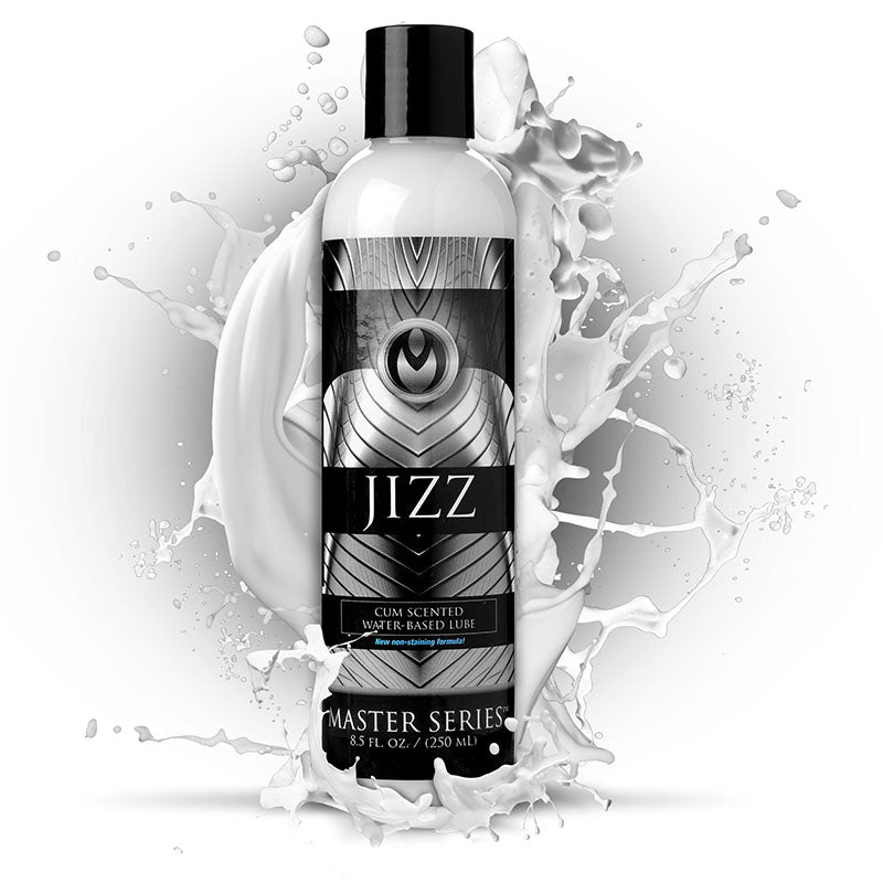 Master Series Jizz - 250 ml - Water Based Cum Scented Lubricant - 250 ml Bottle on a splash background.