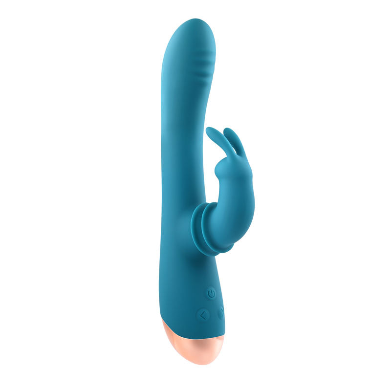 Adam & Eve SHIMMY & SHAKE VELVET RABBIT - 22.4 cm USB Rechargeable Rabbit Vibrator in teal color.