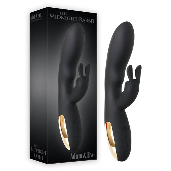 Adam & Eve The Midnight Rabbit - 20.3 cm (8'') Rabbit Vibrator in sleek design with gold-plated handle and packaging.