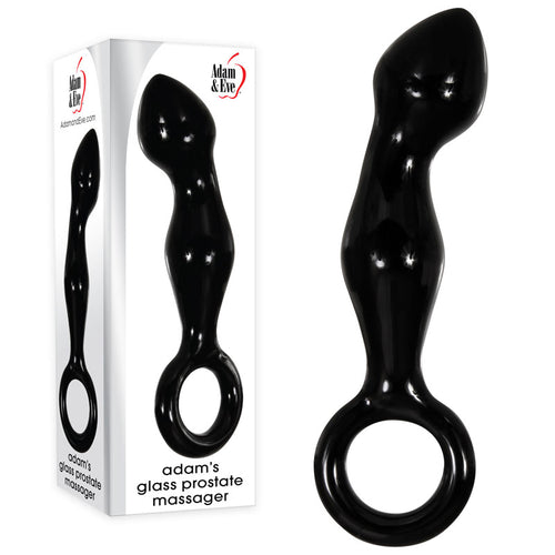 Adam & Eve's glass prostate massager in black with a sleek design and ergonomic handle.