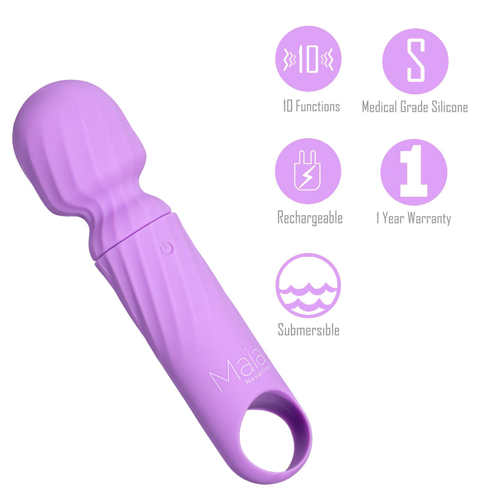 Maia DOLLY -  -  12.7 cm USB Rechargeable Massage Wand features 10 functions, medical grade silicone, rechargeability, and submersibility.